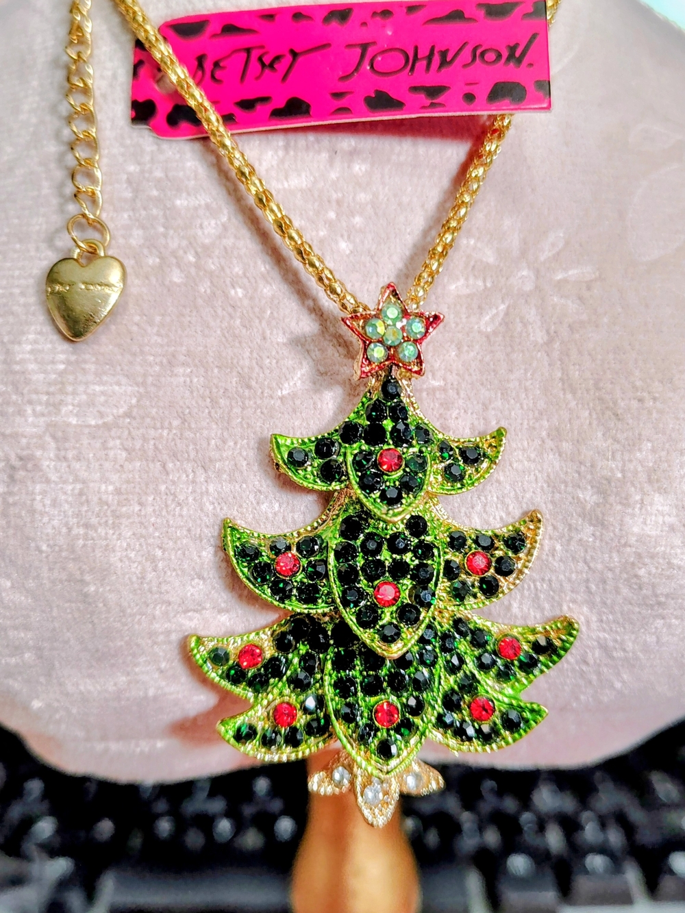 Betsey Johnson Gold-Tone Green and Red Crystal Christmas Tree Pendant Necklace - Picture 2 of 2